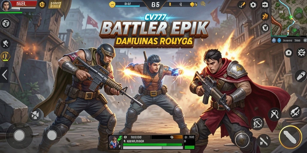 Tampilan aksi seru dalam game Battle Royale CV777 dengan pertarungan epik.