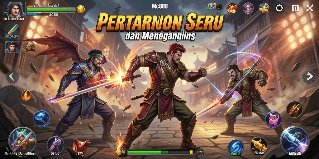Tangkapan layar gameplay MC888 menampilkan pertempuran seru antar karakter.