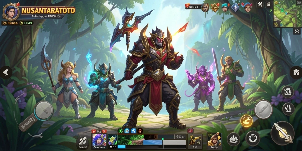 Tampilan gameplay NUSANTARATOTO dengan karakter yang beraksi dalam pertempuran epik.