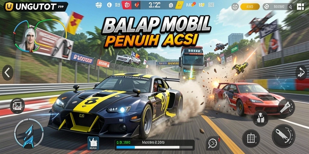 Screenshot gameplay UNGUTOTO menampilkan balapan seru di trek kota.